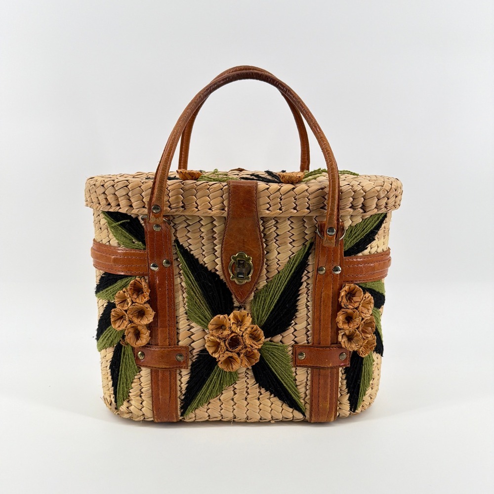Vintage 60s 70s Woven Straw Wicker Basket Purse 3D Raffia Floral Leather Box Bag